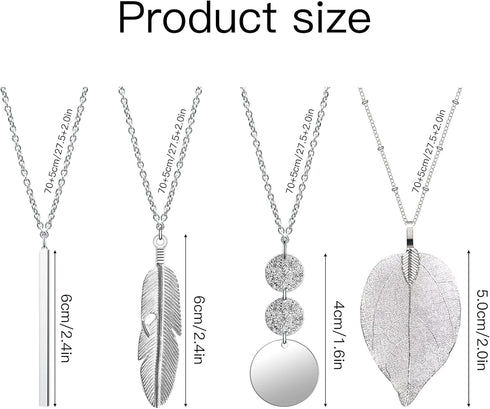 Long Necklaces for Women,4 PCS Fashion Pendant Necklace Jewelry Long Silver Necklaces Set Bar Feather Necklace Circle Leaf Lock Tassel Y Necklace ...