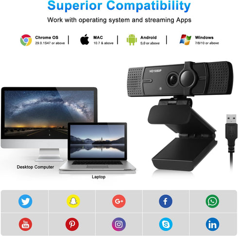 Webcam with Microphone, No Distortion Privacy Cover 1080P USB Camera Plug Play Mic Full Ultra HD Web Camera Video Cam Calling Conferencing Streami...