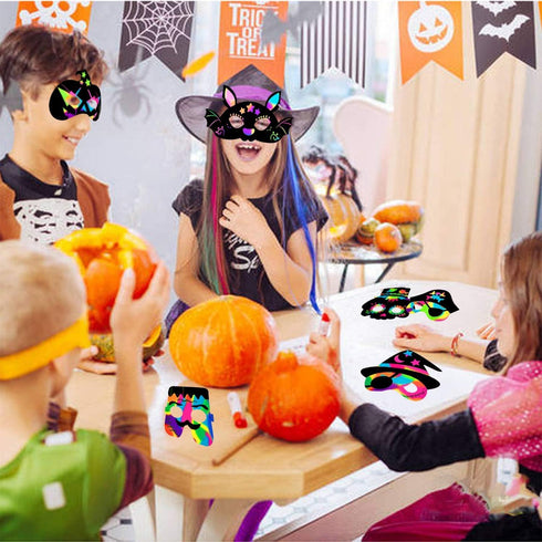 OuMuaMua 30PCS Halloween Rainbow Scratch Mask Art Craft Kit, Bat Witch Pumpkin Zombie Pirate Skull Scratch Paper Art Mask for Halloween Party Craf...