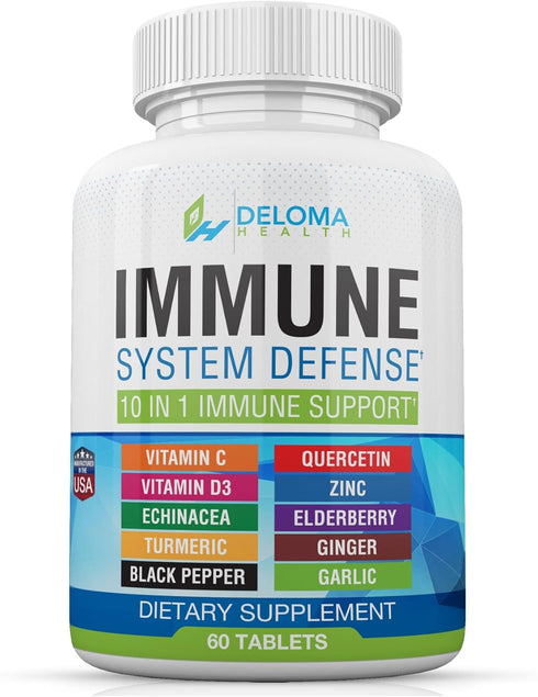10 in 1 Immune System Support Supplement - Vitamin C (1000 mg), Quercetin, Vitamin D3 (5000iu), Zinc (40 mg), Elderberry, Echinacea, Turmeric, Gin...