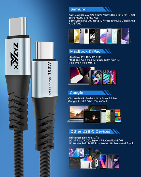 XYYZYZ USB C to USB C Cable 100W PD3.0 QC 5A USB C Charging Cable Nylon Braided Type C to Type C Cable Compatible with Galaxy S22/S21/A13, MacBook...