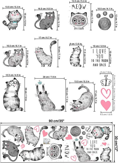 Cartoon Cats Wall Decals - MAIYU 9 Cute Kittens with Butterfly Heart Paw Print Wall Stickers for Kids Bedroom Living Room Nursery Home Decorations...