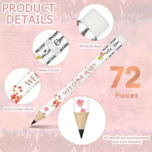 72 Pcs Baby Shower Half Pencils - 4 Inches Baby Shower Floral Pencils with Erasers - Mini Pencils Baby Shower for Girl Boy Kids School Office Baby...
