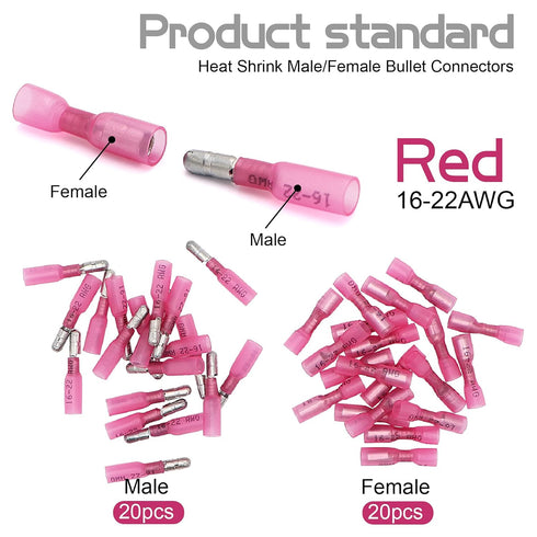 120PCS Heat Shrink Bullet Connectors Kit,Waterproof Electrical Female & Male Bullet Butt Terminals(12-10AWG,14-16AWG,18-22AWG)...