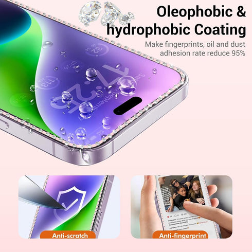 2024 Fashion iPhone 15/14pro Screen Protector, 2Pack Cute Tempered-Glass Film with Diamond For iPhone 15, Full-Coverage Protection, Best Gift Scra...