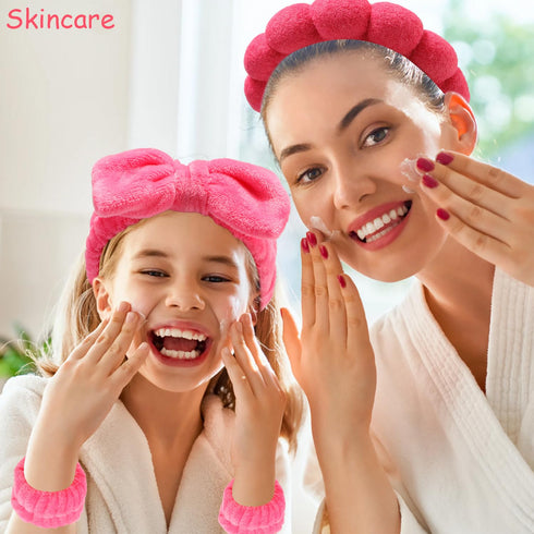 Spa Headband for Washing Face Makeup Headband Skincare Headband Face Wash Headband Rose Red Sponge Hair Band Bow Tie Head Band Wrist Bands for Was...