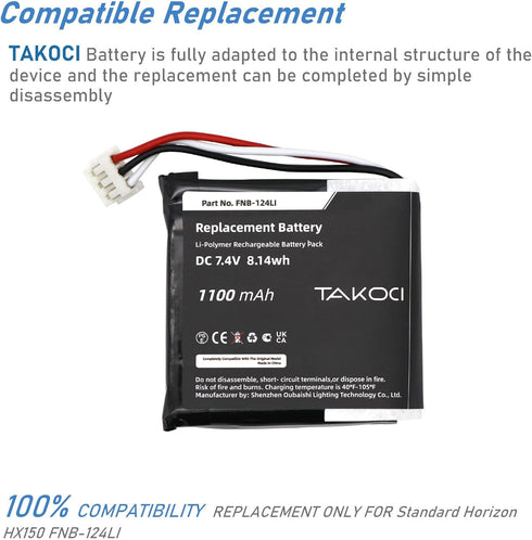 Replacement Battery for Standard Horizon HX150 FNB-124LI 1100mAh/7.4V...