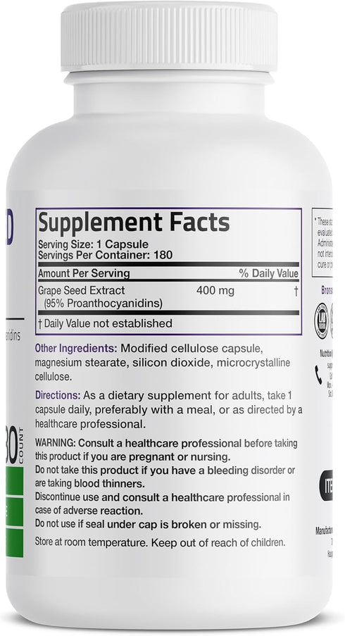 Bronson Grape Seed Extract 400 mg - Antioxidant & Immune Support - Standardized Extract with 95% Proanthocyanidins- Non GMO, 180 Vegetarian Capsul...