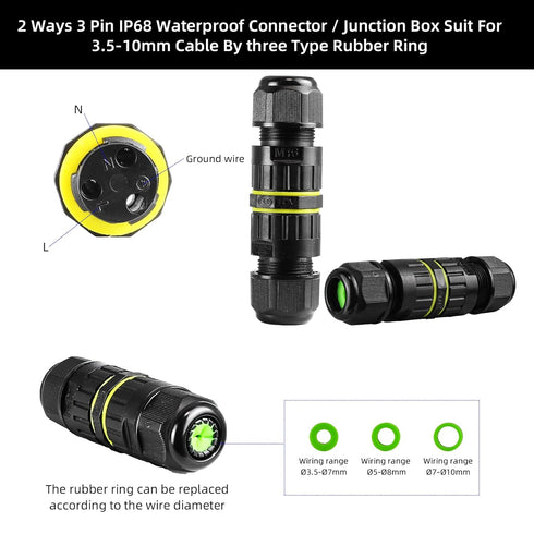 5-Pack IP68 Waterproof 2 Way 3-Core Junction Box Electrical Cable Connector, M16 Wire Range(3.5-10mm), Wire Connector for Outdoor Quick Repair Ext...