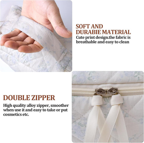 Large Quilted Makeup Bag,Travel Coquette Cosmetic Bag, Aesthetic Cute Floral Toiletry Organizer skincare Bag for Women Girls,Elegant Makeup Essent...