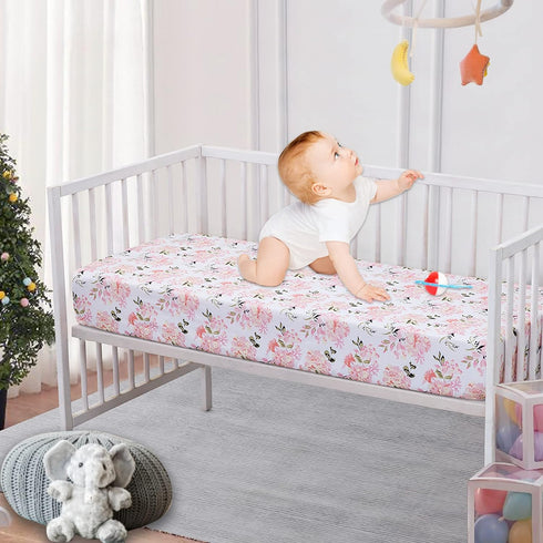 Crib Sheets Girl 2 Pack Set, 2 Pack Toddler Bed Sheets Set, Floral Print Fitted Crib Sheet for Standard Crib & Toddler Mattress, Size 28 x 52 inch...