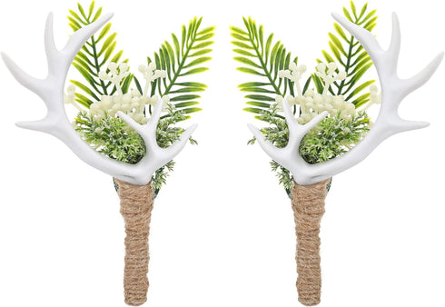 Woodland Boutonniere for Men Set - 2PC Handmade Greenary Corsage for Wedding White Antler Boutonniere for Groom Groomsmen Formal Dinner Party Cere...