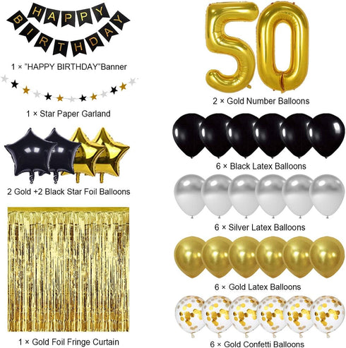 Black and Gold 50th Birthday Decorations Set - Banner, Balloons, Gold Foil Numbers, and Supplies for 50 Years Old Celebration...