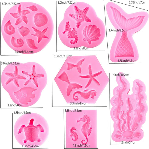 Mermaid Molds Silicone Fondant Molds Marine Theme Chocolate & Polymer Clay Candy & Soap Molds Mermaid Tail Seashell Coral Turtle Starfish Seahorse...