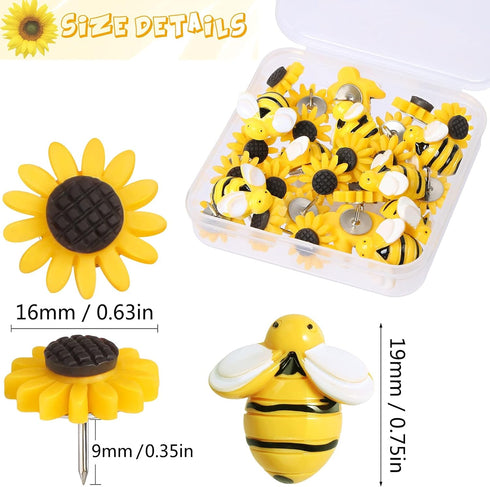 Sunflower Bee Push Pins, Thumb Tacks Decorative Push Pins Cork Board Pins for Bulletin Board Photos Wall Office Decorations Supplies...