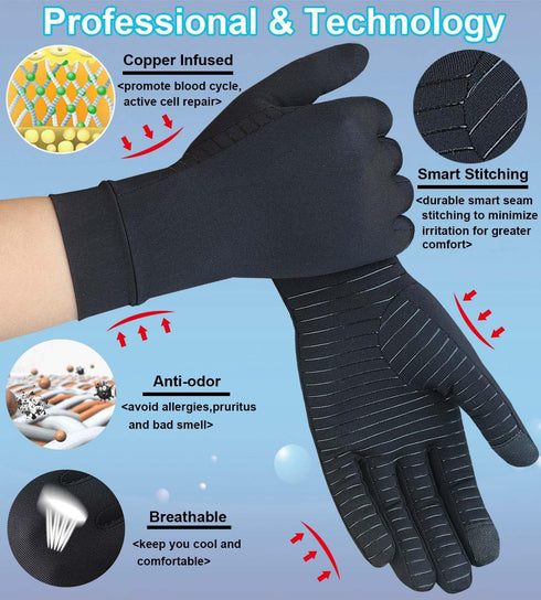 Copper Arthritis Gloves with Touchscreen Tips, Full Finger Compression Gloves for Women and Men, Relief for Hand Pain, Carpal Tunnel, Inflammation...
