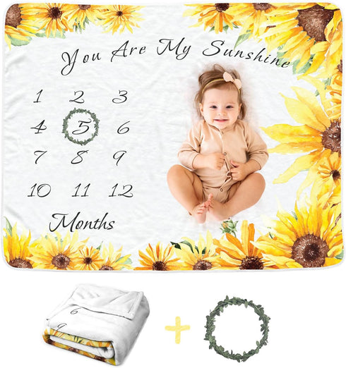 Sunflower Baby Monthly Milestone Blanket for Girls, Newborn Yellow Floral Month Blanket, Soft Flannel Photography Background Prop Blanket, Persona...