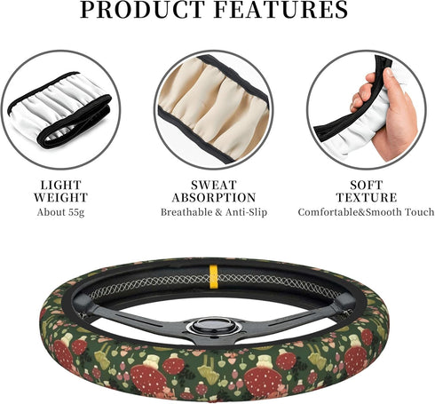 Green Mushrooms Steering Wheel Cover for Women Men Girls, Universal 15 Inch Anti Slip Steering Wheel Protector Car Accessories Interior for Auto T...