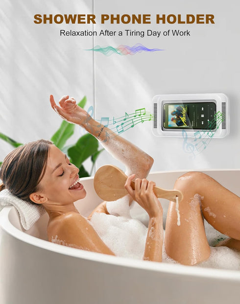 Upgraded Shower Phone Holder Waterproof with Speaker Hole Screentouch Shower Phone Stand Case Mount for Bathroom Bathtub Kitchen Wall Mirror for i...