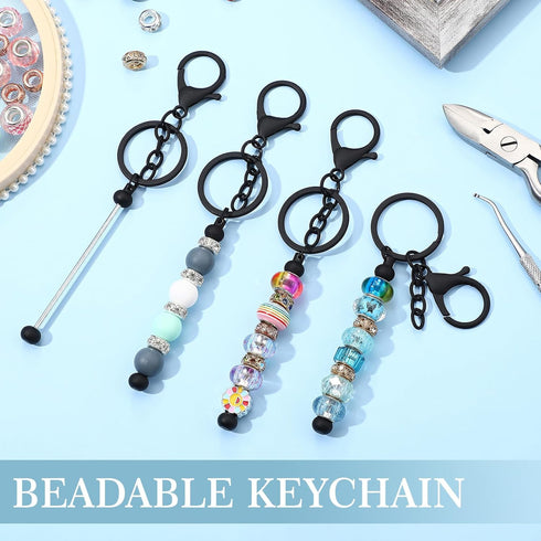 12 Pcs Beadable Keychains Bars Bulk for Keychain Making Blank Beaded Metal Keychain for Craft Keychain DIY Gift(Black)...