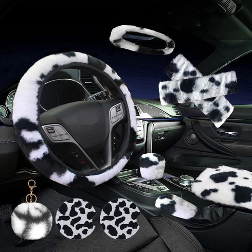 ZYNQACC 10 Pack Cow Print Car Accessories for Women & Girls, Fluffy Plush Cow Steering Wheel Cover Universal 15 inch Cute Car Interior Decor...