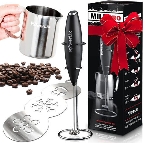 PowerLix Powerful Handheld Milk Frother With Stand Battery Operated Foam Maker Frother Wand For Coffee (A Black) (Milk Frother With Stand Set)...