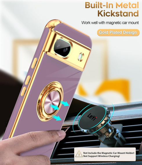 LeYi for Google Pixel 8A Phone Case: with 360° Rotatable Ring Holder Magnetic Kickstand, Plating Rose Gold Edge Protective Google Pixel 8A Case, P...