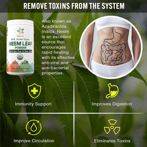 Organic Aura Neem Leaf Powder (Azadirachta Indica). 100% Pure Neem, Raw and Green. USDA Certified Organic Neem for Immune Support, Skin, and Hair....