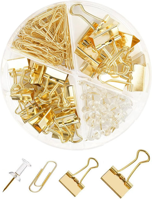 Gold Paper Clips and Binder Clips Set, Metal Assorted Sized Binders with Push Pins, Cute Gold Office Supplies for Desk, Desk Accessories...