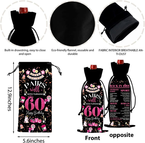 60th Birthday Gifts for Women Men Wine Bag, Cool Gifts for 60 Year Old Woman, 60th Birthday Party Decorations for Woman Men, Pairs Well with Turni...