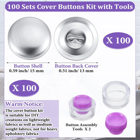 100 Sets Cover Buttons Kit with Tools Size Buttons to Cover Self Cover Buttons with Wire Backs DIY Fabric Cloth Cover Buttons (Size 24/0.59 Inch)...