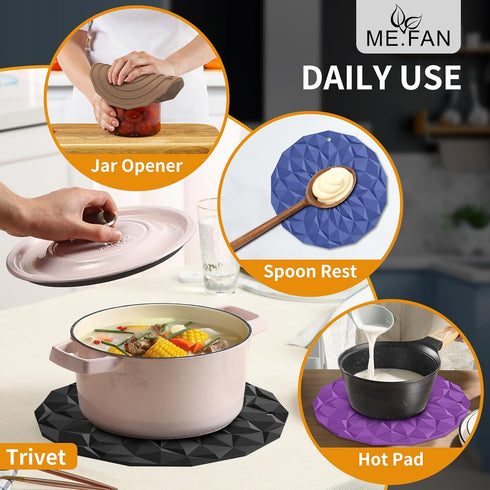 ME.FAN Silicone Trivet Mats - 4 Pack Pot Holders - 7.4'' Thickened Hot Pads for Hot pots, Pans and Dishes, Heat Resistant Silicone Trivet for Tabl...