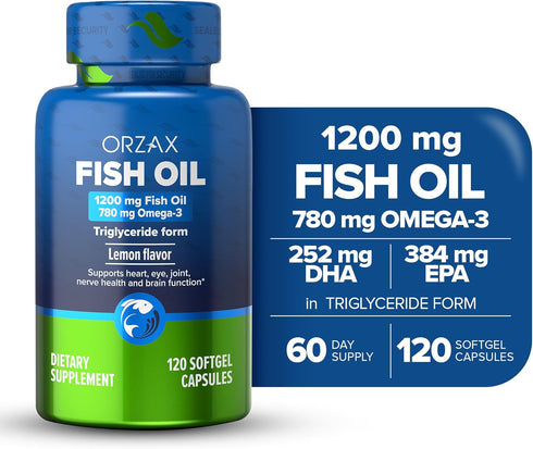ORZAX Omega 3 Fish Oil 1200 mg - EPA DHA Omega 3 Supplement - Heart, Eye, Joint, and Nerve & Brain Supplement - Lemon Flavored - 120 Softgels Caps...