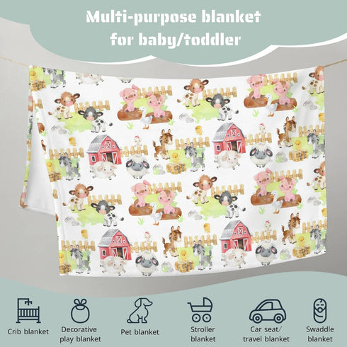 Farm Life Animals Barn Baby Blanket for Boys Girls Gift Neutral, Cow Chicken Pig Sheep Flannel Fleece Nursery Bed Blankets, Soft Lightweight Newbo...
