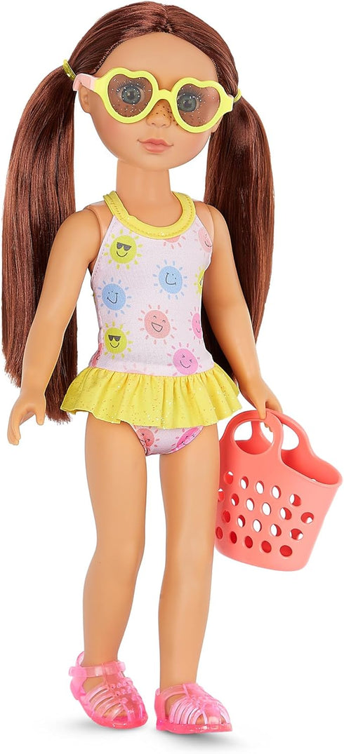 Glitter Girls – 14-inch Doll Clothes – 4Pcs Swimsuit Outfit – Sunny One-Piece & Beach Bag – Heart Sunglasses & Pink Sandals – 3 Years+ – Splish, S...