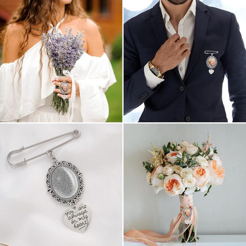 1PCS Wedding Bouquet Photo Charm DIY Pin Brooch Making Kit Single Lacy Frame Wedding Charm Oval Glass Cabochons Picture Frame with Pendant for Wed...