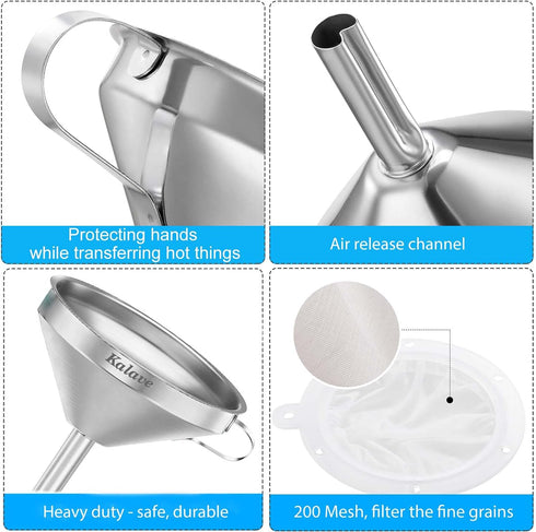 KALAVE Premium Stainless Steel Funnel, 5 Inch Food Grade Kitchen Funnels with 200 Mesh Food Filter Strainer for Filling Bottles, Oils, Juice, Wine...