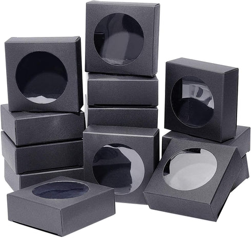 BENECREAT 24 Pack Kraft Paper Boxes with Clear Window 3x3x1.2 Black Kraft Gift Packaging Boxes for Bakery Cookies Cake Candy Wedding Party, Festiv...