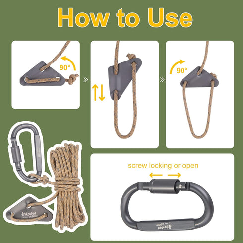 Hikeman 4 Pack Camping Rope with Locking Carabiner Clip,4mm Reflective Guy Lines with Triangular Guyline Adjuster Tensioner,Nylon Cord for Tent Ta...