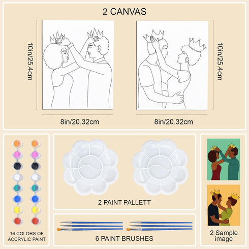 WEBEEDY Canvas Painting Kit, 2 Pack 8x10 Pre Drawn Stretched Canvas Painting for Adults, Afro King Queen Themes, DIY Painting and Sip Party Suppli...