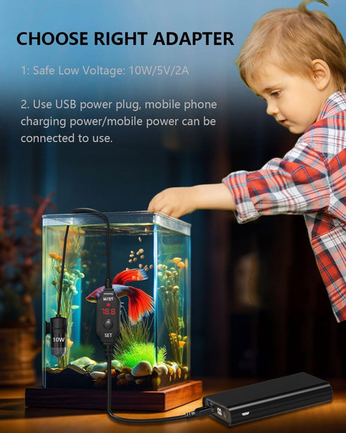 Submersible Aquarium Heater 10W, for 1-2 Gallon Tank, Adjustable for Fish Turtle Tank, with Built-in Digital Display Thermometer, USB 5V 2A Powere...
