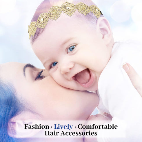 DANMY Baby Girl Super Elastic Headband,Cotton Lace Toddler Hair Band,Infant Soft Turban Hair Accessories Set (gold 1pcs)...