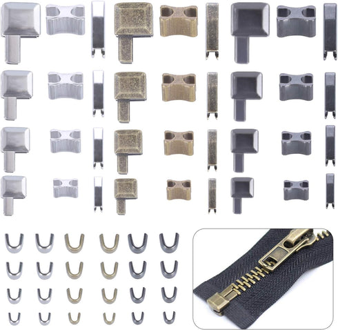 60 Pcs Metal Zipper Stopper, Zipper Repair Kit for Jackets, Zipper Replacement Slider, Bottom Stop Replacement, Zipper Insertion Pin, for Coats Ja...