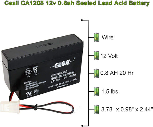 Casil 12V 0.8Ah AGM Sealed Lead Acid Deep Cycle Rechargeable Battery for CP1208 DJW12-0.8 LP12-0.8 NP0.8-12 PS-1208 SLA1000 UB1208 TP12-0.8 SP12-0...