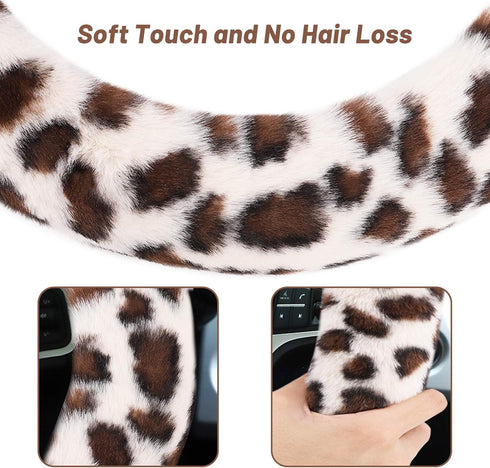 Fuzzy Steering Wheel Cover for Women Girls, Accmor Universal Fit 15 inch Fur Car Wheel Cover & Handbrake Cover & Gear Shift Cover Set, Fashion Leo...