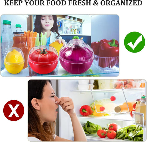Vegetable and Fruit Storage Containers for Fridge, 4 Pcs BPA Free Reusable Food Saver - Tomato, Avocado, Onion, Lemon Keeper Holder - Refrigerator...