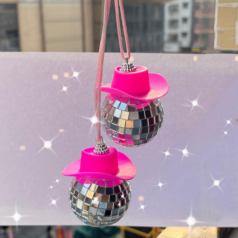 2 PCS Pink Disco Ball Cowboy Hat Car Accessory, Ball, Charm, Accessories for Women, Mini Car, Mirror Ornament...
