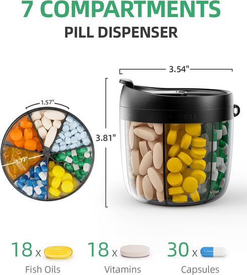 PULIV Portable Pill Dispenser Bottle, Vitamin Organizer with 7 Compartments, Holds Plenty of Supplements with Anti-Mixing & Wide Openings Design, ...