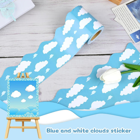 99 ft Blue Sky White Clouds Bulletin Board Borders,Scalloped Bulletin Board Trim for Blackboard Whiteboard Classroom Border Decor (3 Rolls)...
