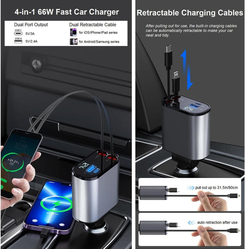 Retractable Car Charger Fast Charging - 66W 4-in-1 USB C Car Phone Charger Cigarette Lighter Adapter Car Charger Compatible with iPhone 15 14 13 1...